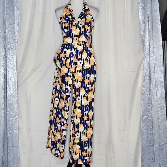 Modcloth Genuine Genius Bold Floral Print Linen Blend V-Neck Halter Jumpsuit - Picture 3 of 16